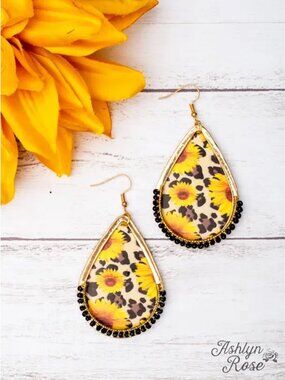 Sunflower Leopard Teardrop Gold Earrings